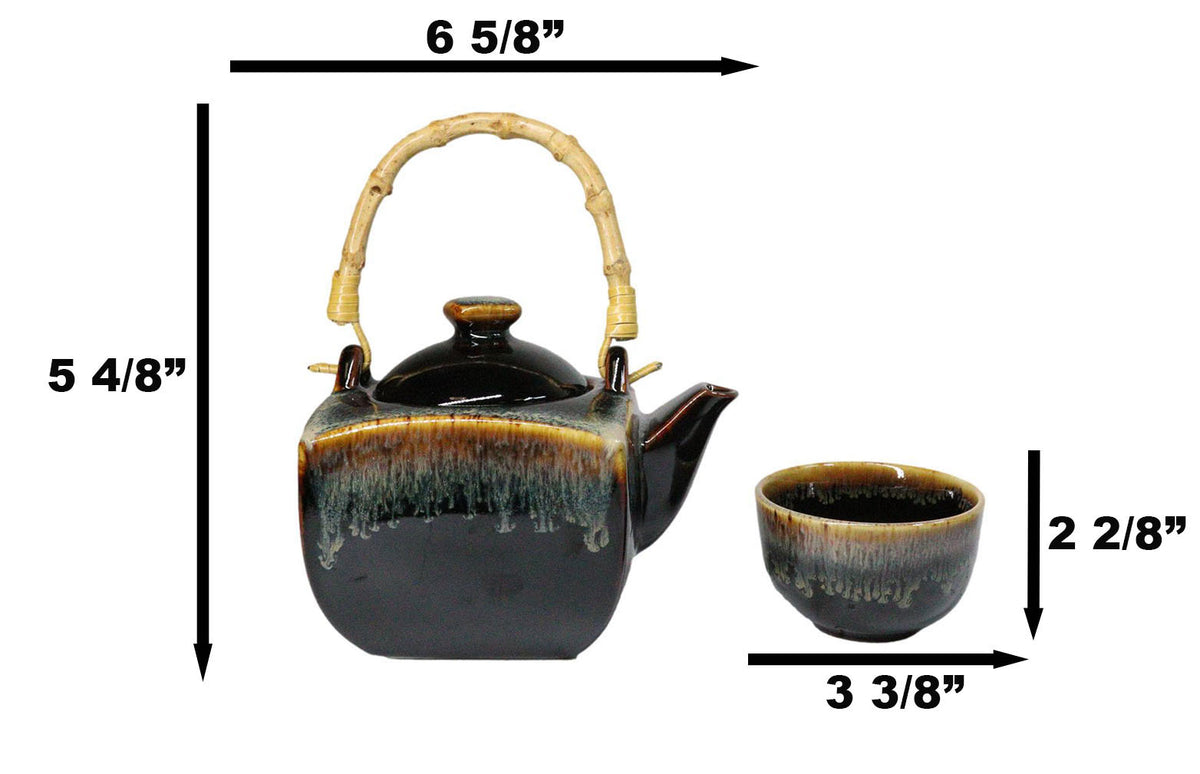 Artistic Black & Brown Waterfall Reactive Glaze 32oz Teapot With 2 Tea Cups Set