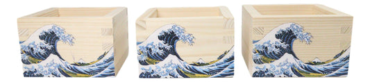 Set Of 3 Great Wave Of Kanagawa Hokusai Traditional Masu Square Box Sake Cups