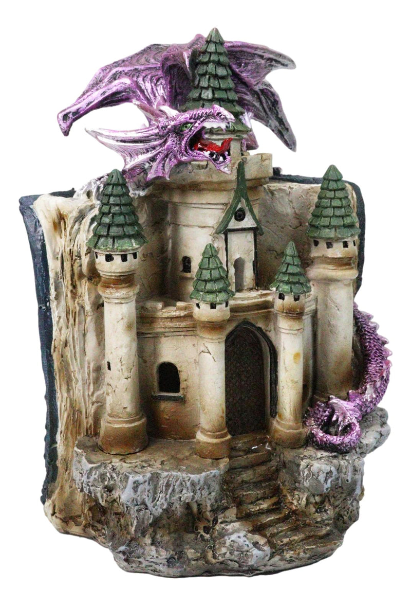 Purple Dragon Guarding LED Medieval Castle On Rocks With Book of Spells Figurine
