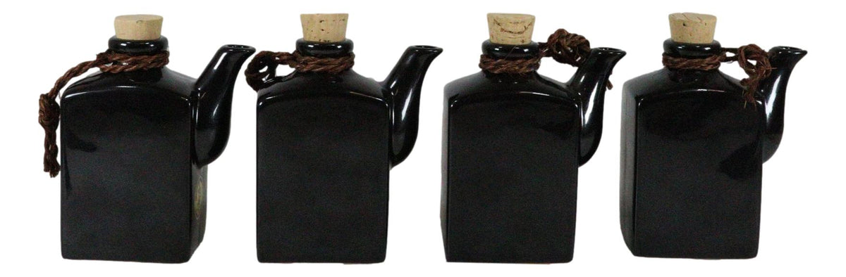 Set Of 4 Black Traditional Japan Soy Sauce Dispenser Flask 9oz Calligraphy - Ebros Gift