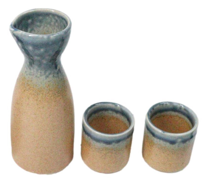 Porcelain Blue And Sand Ao Nagashi Japanese Wine Sake Flask With 2 Cups Set