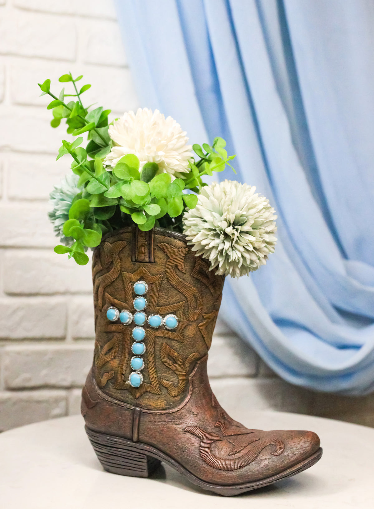Rustic Western Turquoise Rocks Cross Faux Leather Cowgirl Boot Vase Figurine