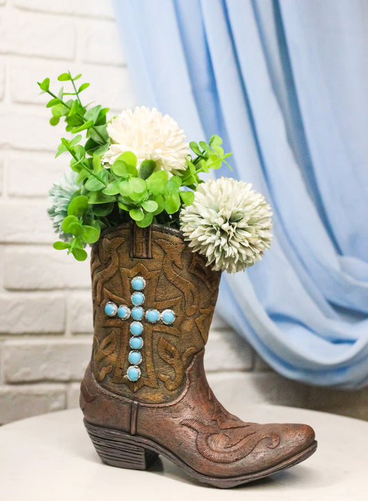 Rustic Western Turquoise Rocks Cross Faux Leather Cowgirl Boot Vase Figurine