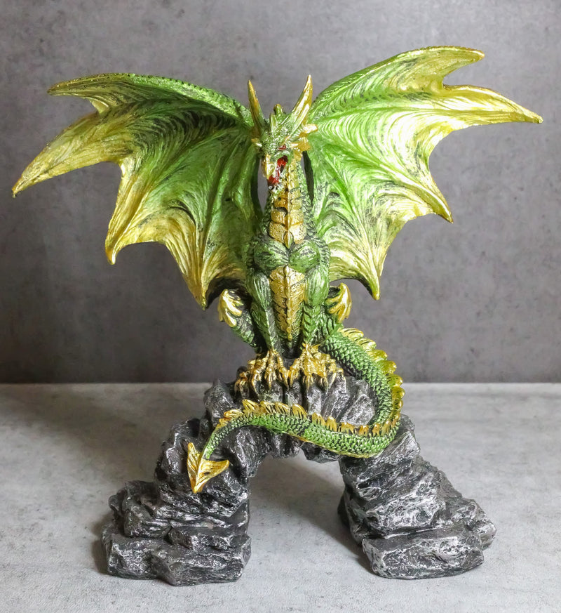 Green And Gold Scales Behemoth Dragon Perching On Ancient Rock Arch Figurine