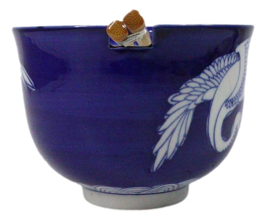 Blue And White Japanese Crane Ramen Donburi Soup Rice Bowl With Chopsticks Set