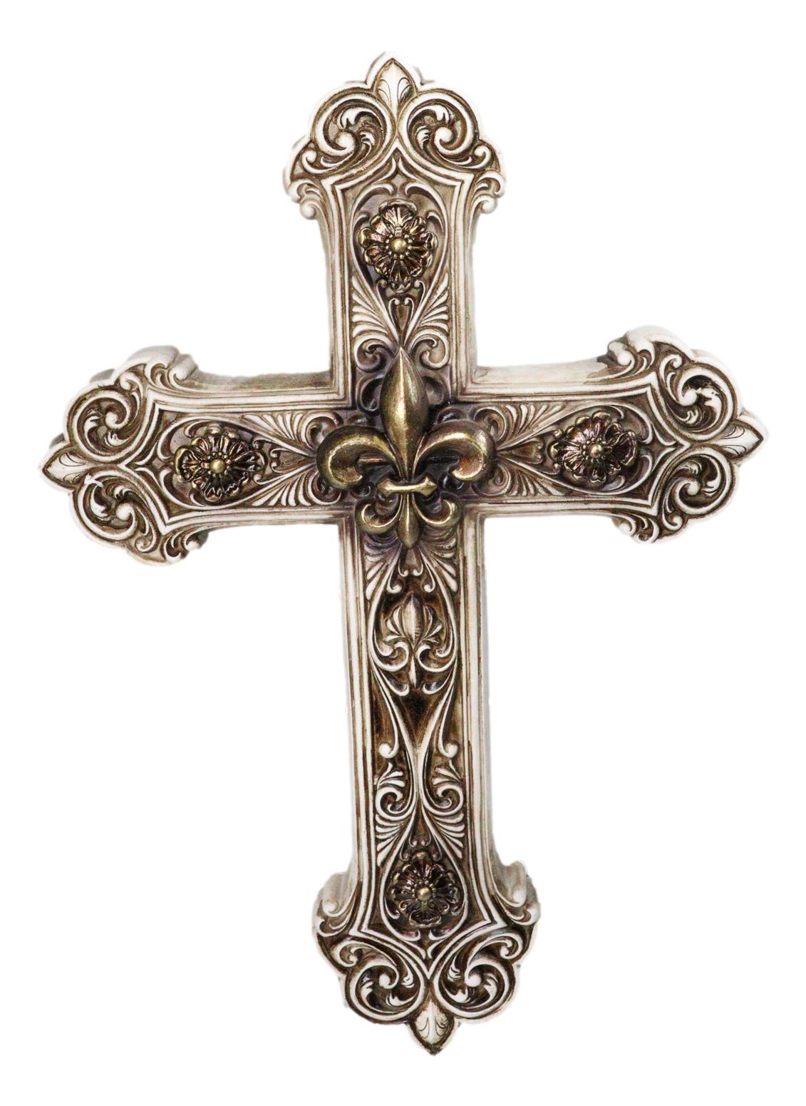 Rustic Royal French Fleur De Lis Emblem with Ornate Scrollwork Wall Cross Decor