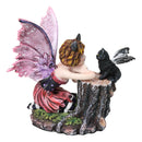 Tribal Autumn Girl Fairy with Red Hair Talking with Winged Black Cat Figurine