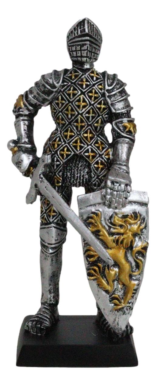 Medieval Knight In Suit Of Armor With Sword Lion Heraldry Shield Mini Figurine