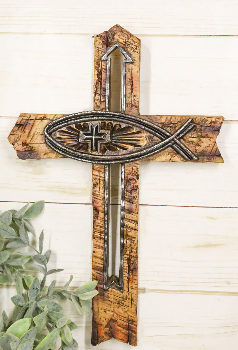 Rustic Horizontal Ichthys Jesus Fish Symbol With Arrows Faux Wooden Wall Cross