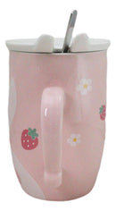 Pink Bunny Rabbit Strawberries Sweet Dreams Ceramic Mug With Lid And Spoon