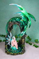 Large Elf Fairy With Green Emerald Dragon by Ice Crystals Stone Arch Statue