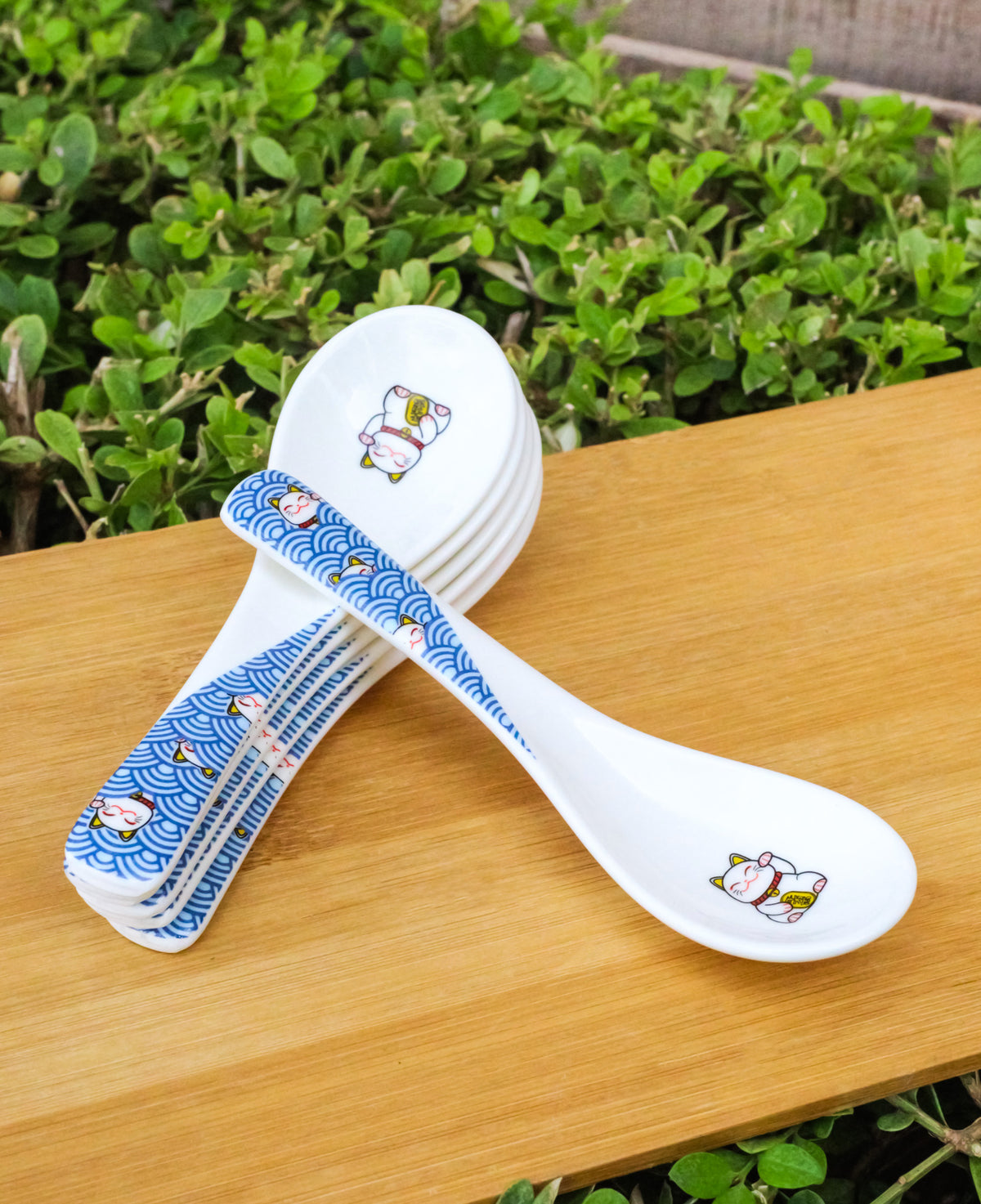 Set of 6 Lucky Cat Maneki Neko Porcelain Asian Soup Spoons Japanese Ramen Pho