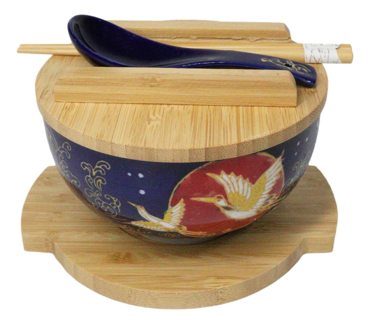 Red Moon Golden Crane Donburi Ramen Bowl With Lid Trivet Spoon Chopsticks Set - Ebros Gift