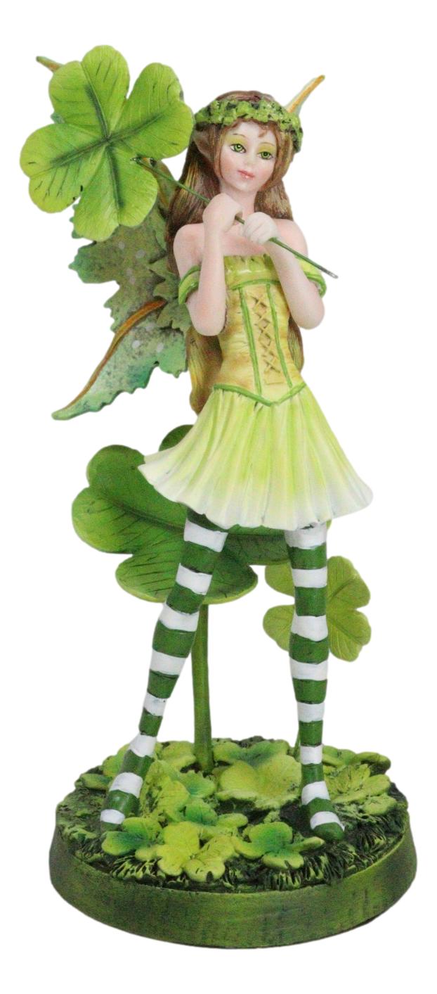 Green Shamrock Lucky Clovers Spring Garden Fairy With Striped Leggings Figurine