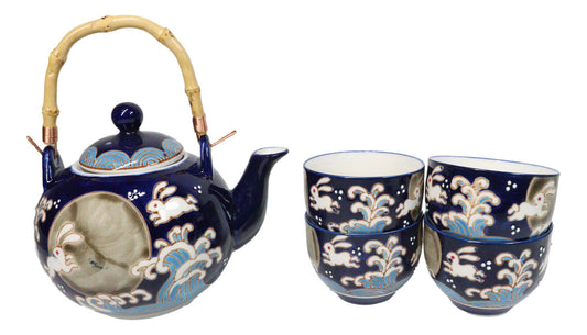 Blue Moon Rabbit Porcelain 30oz Teapot With Bamboo Handle And 4 Tea Cups Set
