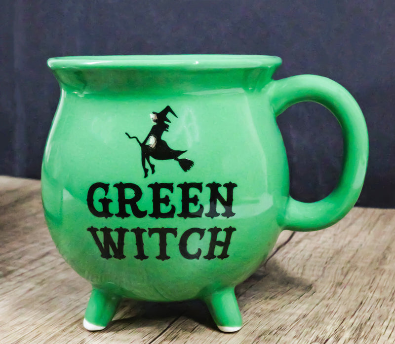 Wicca Magic Green Witch Flying Broomstick Cauldron Ceramic Mug With Handle 16oz