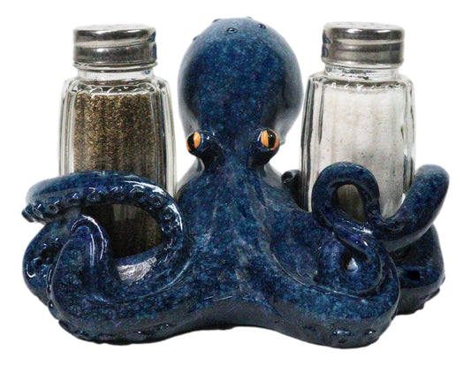 Blue Spotted Nautical Marine Cephalopod Octopus Salt Pepper Shakers Holder Set