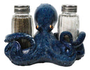 Blue Spotted Nautical Marine Cephalopod Octopus Salt Pepper Shakers Holder Set