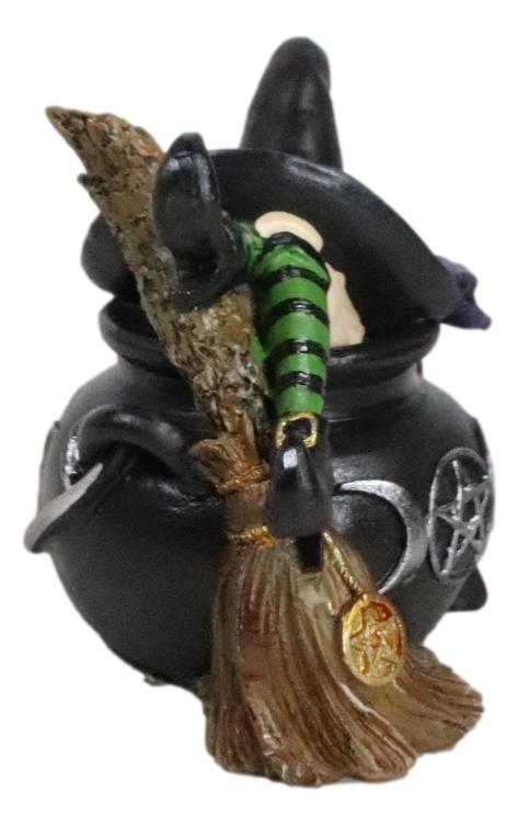 Sleeping Witch with Hat and Broomstick in Triple Moon Fire Cauldron Figurine