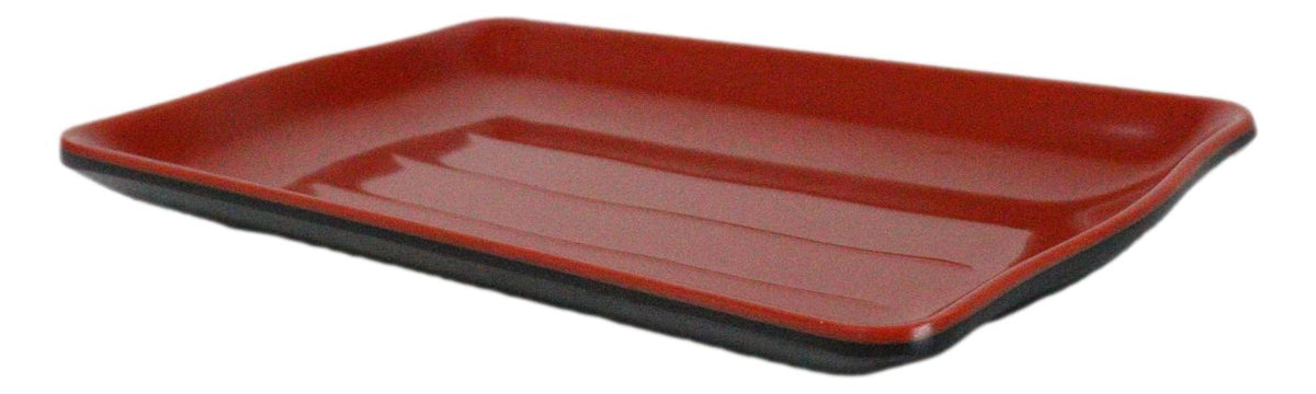 Set Of 6 Traditional Red And Black Melamine Rectangular Wavy Sushi Plates 8"L