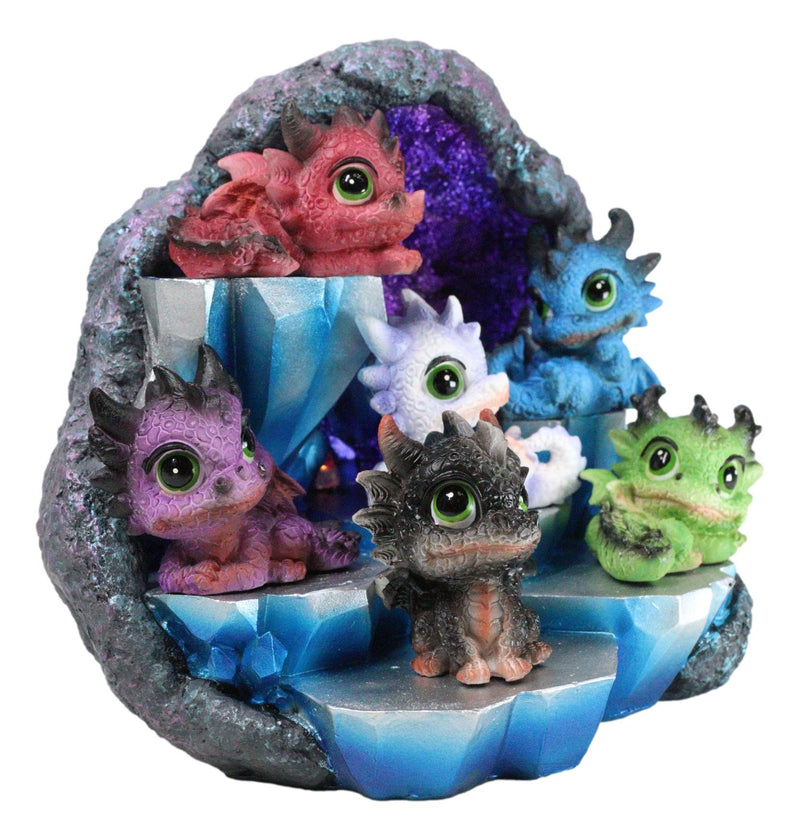Whimsical Baby Dragons Mini Figurines With LED Faux Geode Crystal Display Set