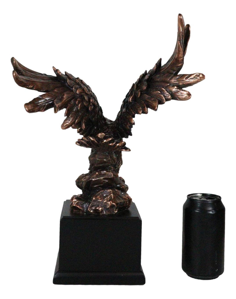 Open Winged American Bald Eagle Landing On Rock Steppes Figurine With Base