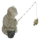 Lifelike Grey Tabby Cat Sitting by Pail of Fishes And Pole Fishing Figurine