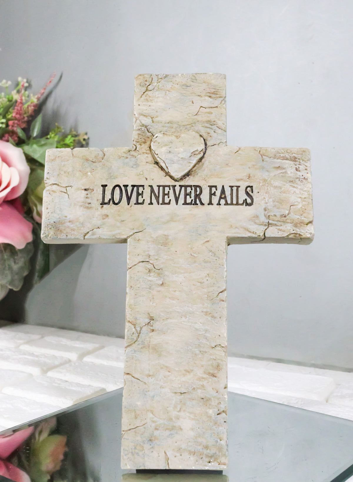 Rustic Inspirational Tuscany Vintage Love Never Fails Heart Relief Wall Cross