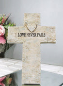 Rustic Inspirational Tuscany Vintage Love Never Fails Heart Relief Wall Cross