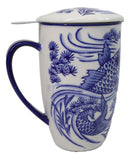 Blue Koi Fish In Water 15oz Porcelain Tea Mug With Lid Stainless Steel Infuser