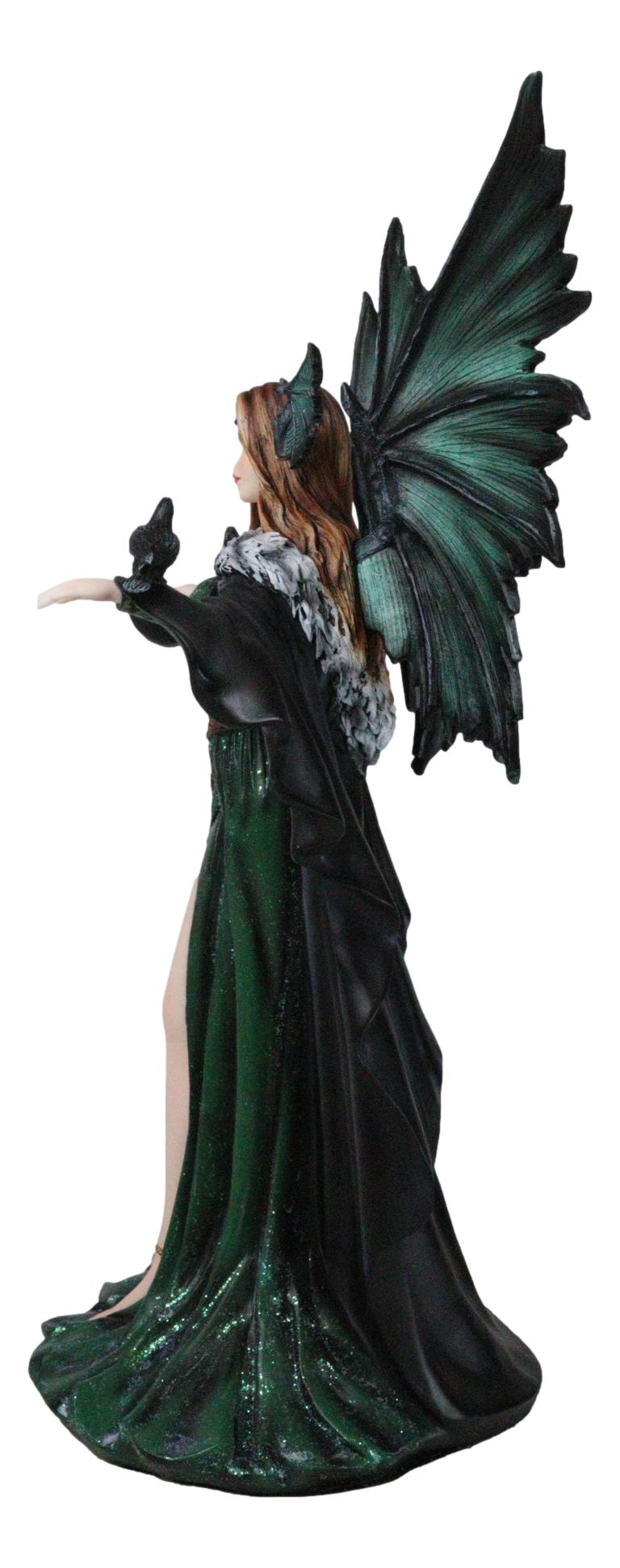 Large Gothic Dragon Fairy Queen In Long Green Robe With Ravens Statue 17"H