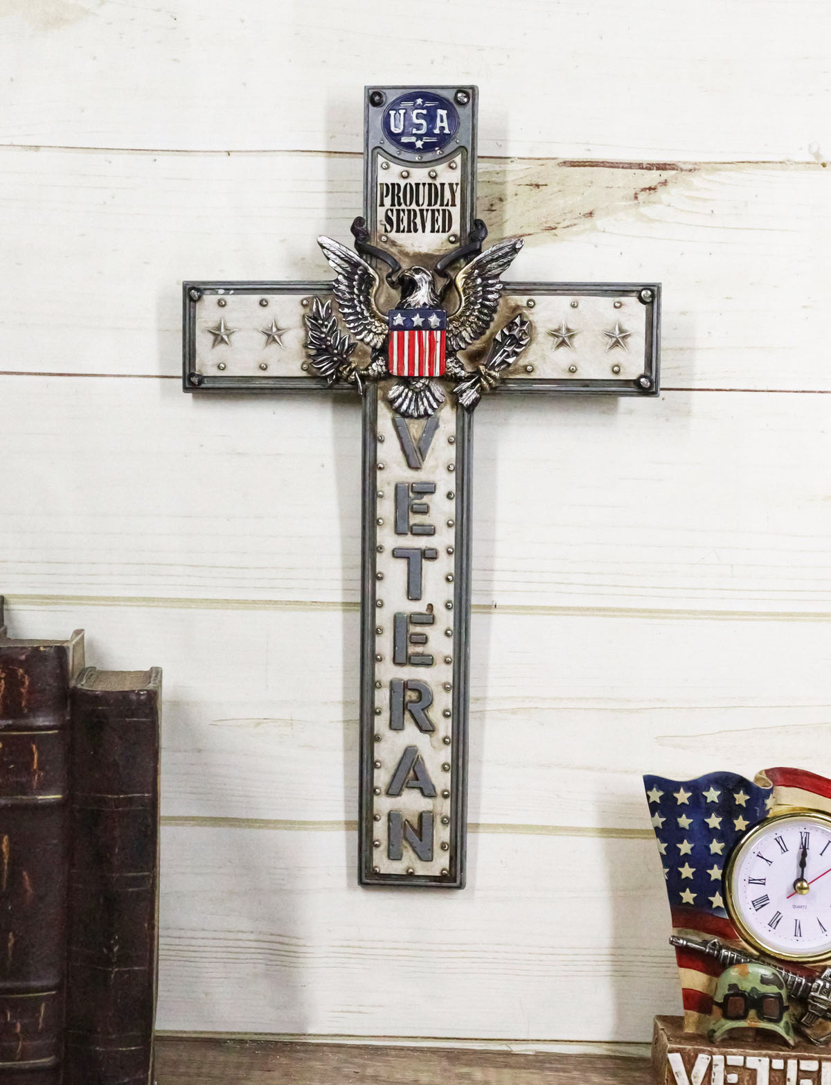 Western USA Proudly Served Flag American Great Seal Eagle Veteran Wall Cross - Ebros Gift