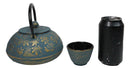 Maple Leaves Momiji Design Blue Tetsubin Cast Iron Tea Pot With 4 Cups Set 37oz