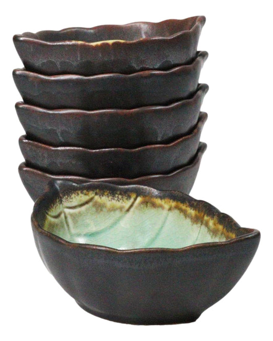 Pack Of 6 Green Midori Kannyu Ceramic Leaf Shaped Sauce Condiment Dishes 2oz
