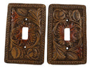 Set of 2 Western Tooled Floral Lace Faux Wood Wall Single Toggle Switch Plates