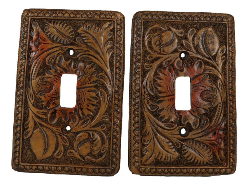 Set of 2 Western Tooled Floral Lace Faux Wood Wall Single Toggle Switch Plates