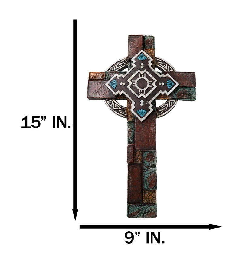 Southwestern Aztec Vector Wheel Trinity Turquoise Floral Faux Leather Wall Cross