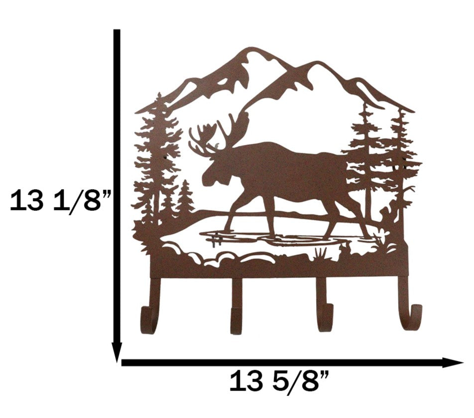Rustic Western Moose Deer By Pine Forest Mountain 4-Peg Wooden Wall Hooks Plaque