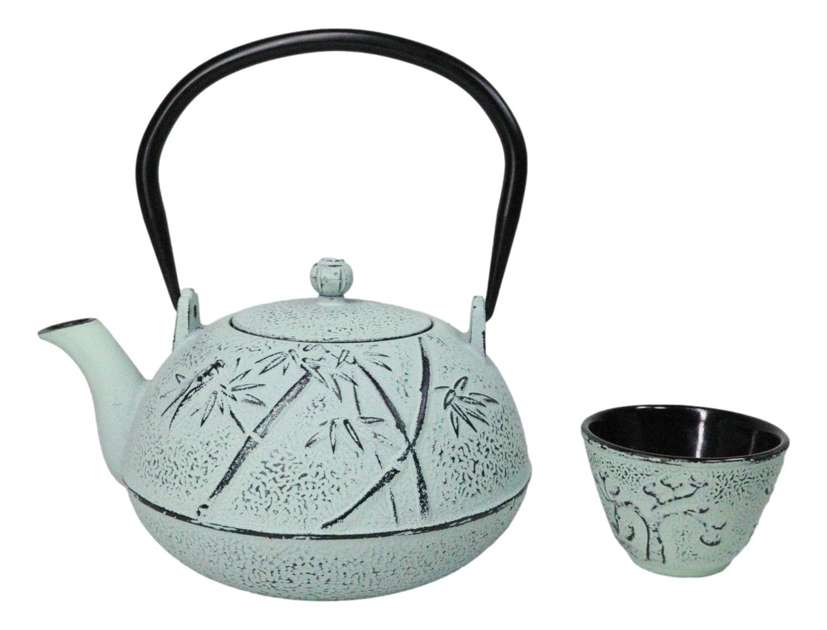 Mint Green Bamboo Design Tetsubin Cast Iron Teapot 40oz And 4 Tea Cups Set