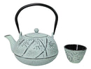 Mint Green Bamboo Design Tetsubin Cast Iron Teapot 40oz And 4 Tea Cups Set