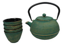 Green Tokusa Gold Streaks Tetsubin 27oz Cast Iron Tea Pot With 4 Cups Set