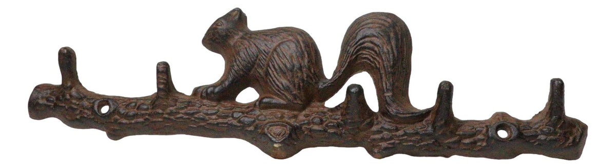 Rustic Cast Iron Playful Squirrel Perching On Tree Branch 4-Peg Wall Hooks Decor - Ebros Gift