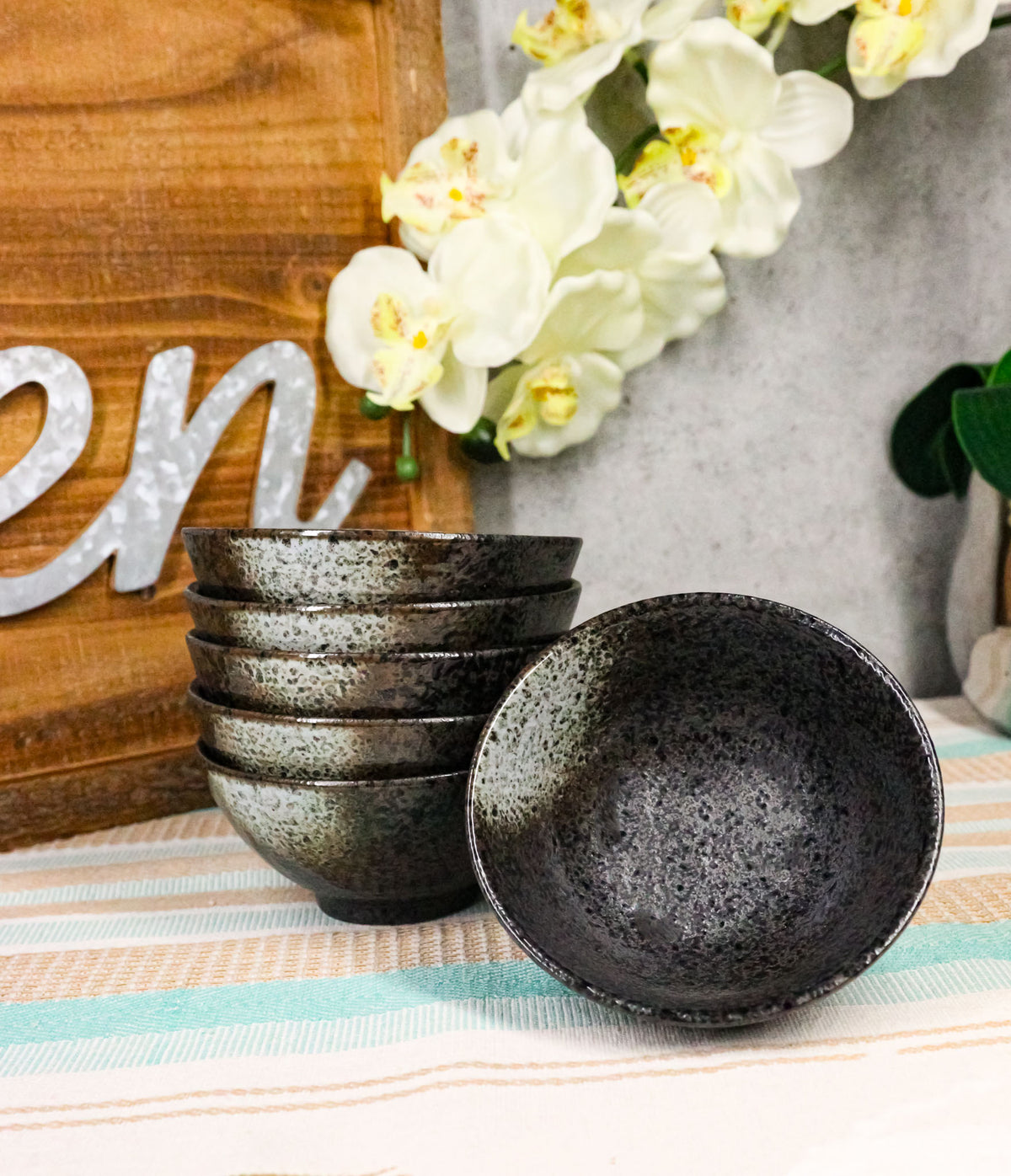 Pack Of 6 Charcoal Grey Hakumu Collection Small Rice Soup Appetizer Bowls 10oz