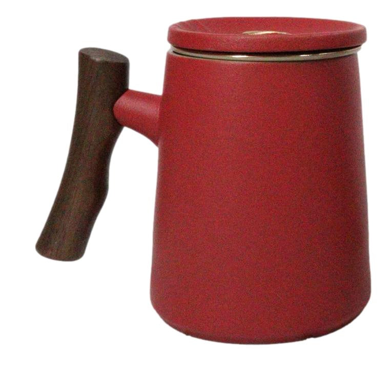 Red 15 Oz Chic Porcelain Tea Mug with Wooden Handle, Lid and Infuser