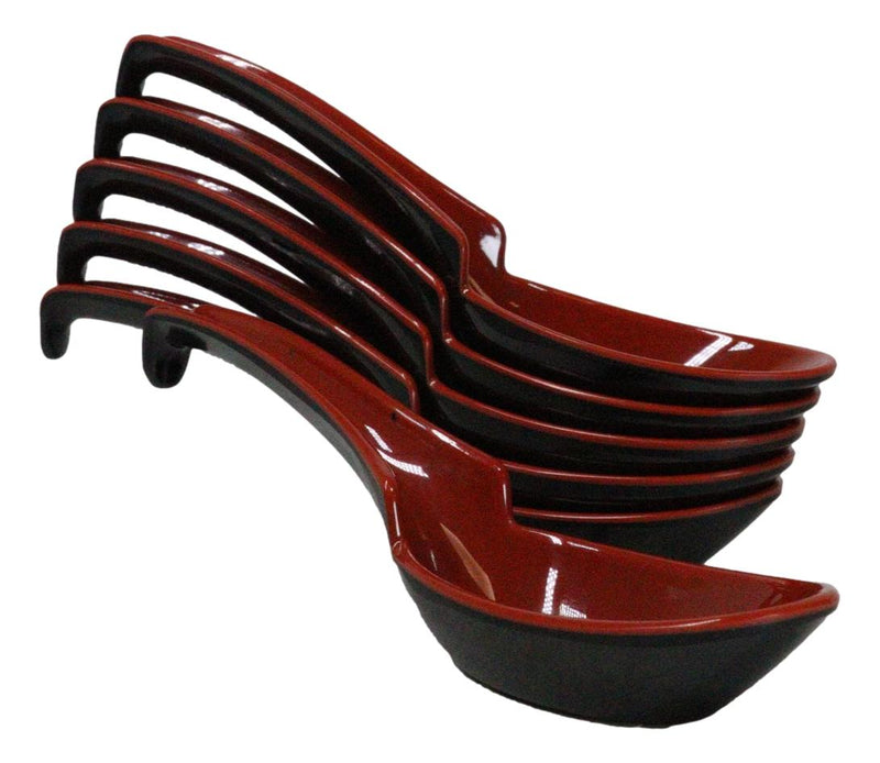 Sleek Red Black Melamine Asian Soup Spoons With Ladle Hook & Notch Set Of 6