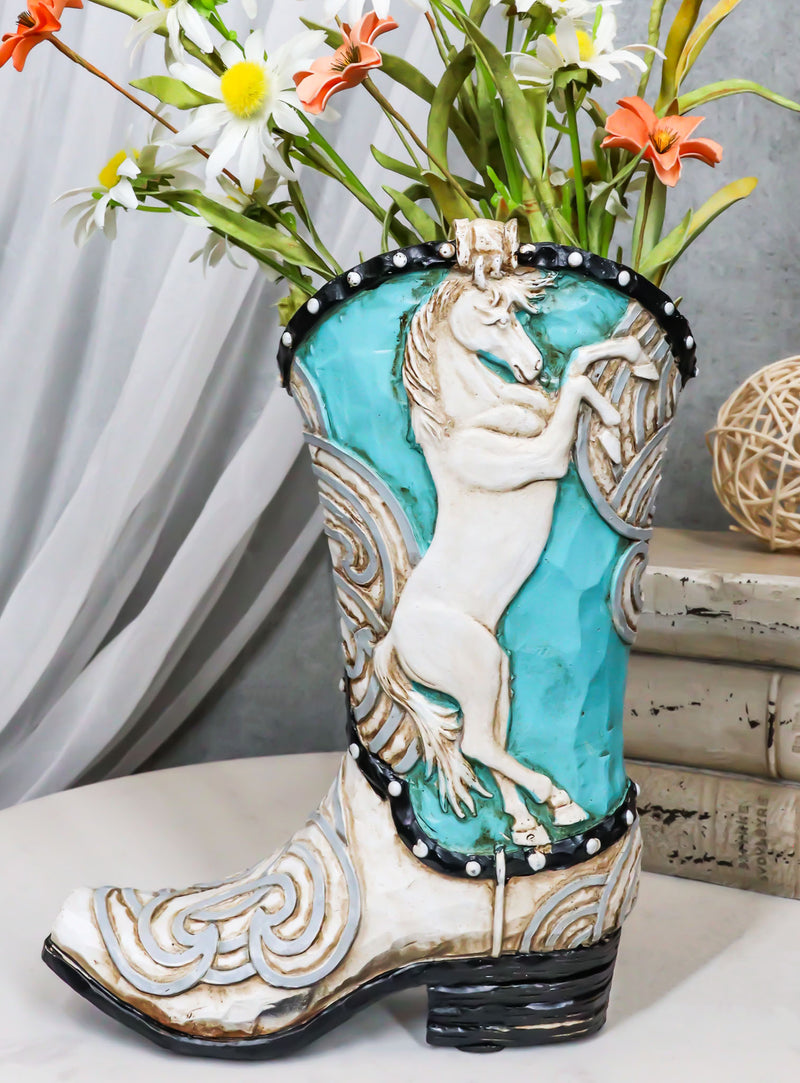 Western Blue and White Prancing Horse Cowboy Cowgirl Boot Vase Planter Figurine