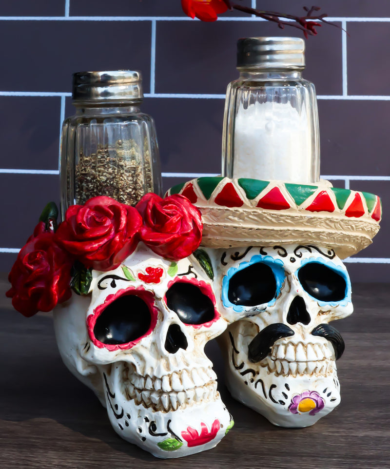 Day Of The Dead Sugar Skulls Roses And Sombrero Hat Salt & Pepper Shakers Holder