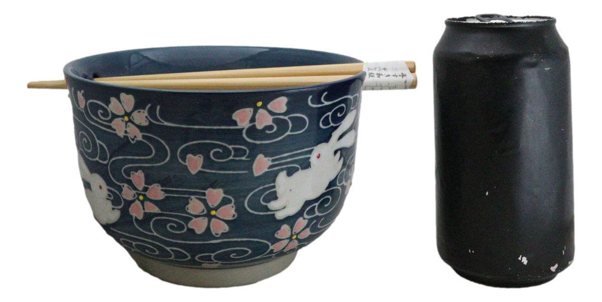 Pink Sakura White Rabbits Large 24Oz Donburi Ramen Bowl With Chopsticks Set