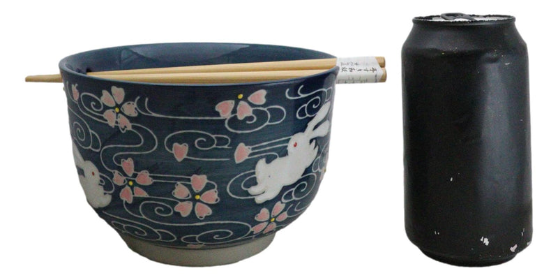 Pink Sakura White Rabbits Large 24Oz Donburi Ramen Bowl With Chopsticks Set