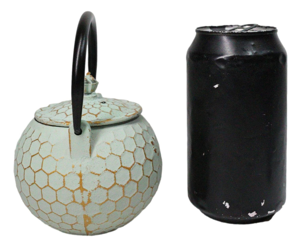 Mint Green Rustic Honeycomb With Bee Petite Cast Iron Teapot 10oz Tea Pot
